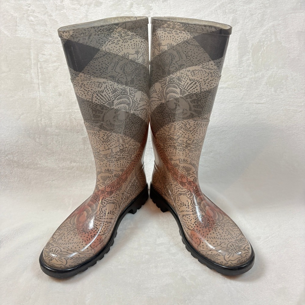 Burberry Rain Boots Women Size 40 Tan Nova Check Floral Tall Rubber GUC - Picture 6 of 14